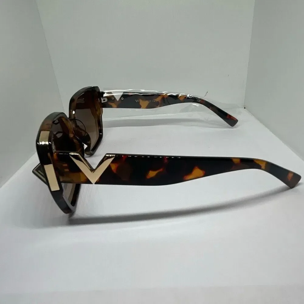 VG Luxury Oversized Tortoise Sunglasses Gold V Accent UV400 Designer Style